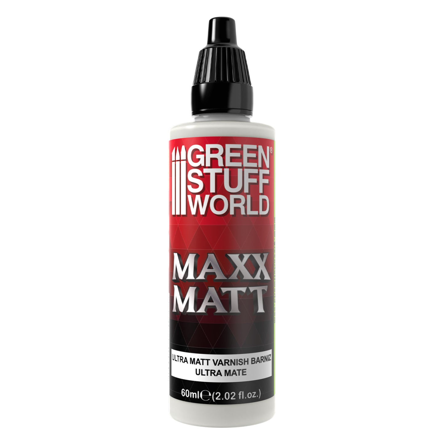 Maxx Matt Varnish 60ml 2640 - butelka ultra matowego lakieru akrylowego Green Stuff World, widok z przodu
