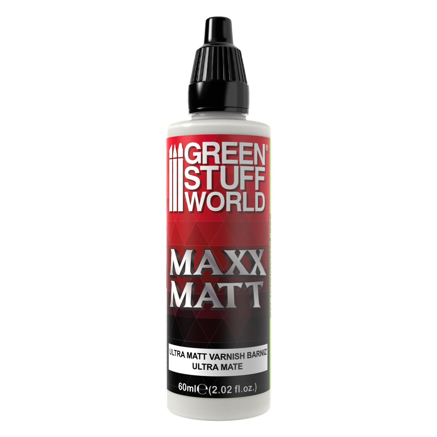 Maxx Matt Varnish 60ml 2640 - butelka ultra matowego lakieru akrylowego Green Stuff World, widok z przodu
