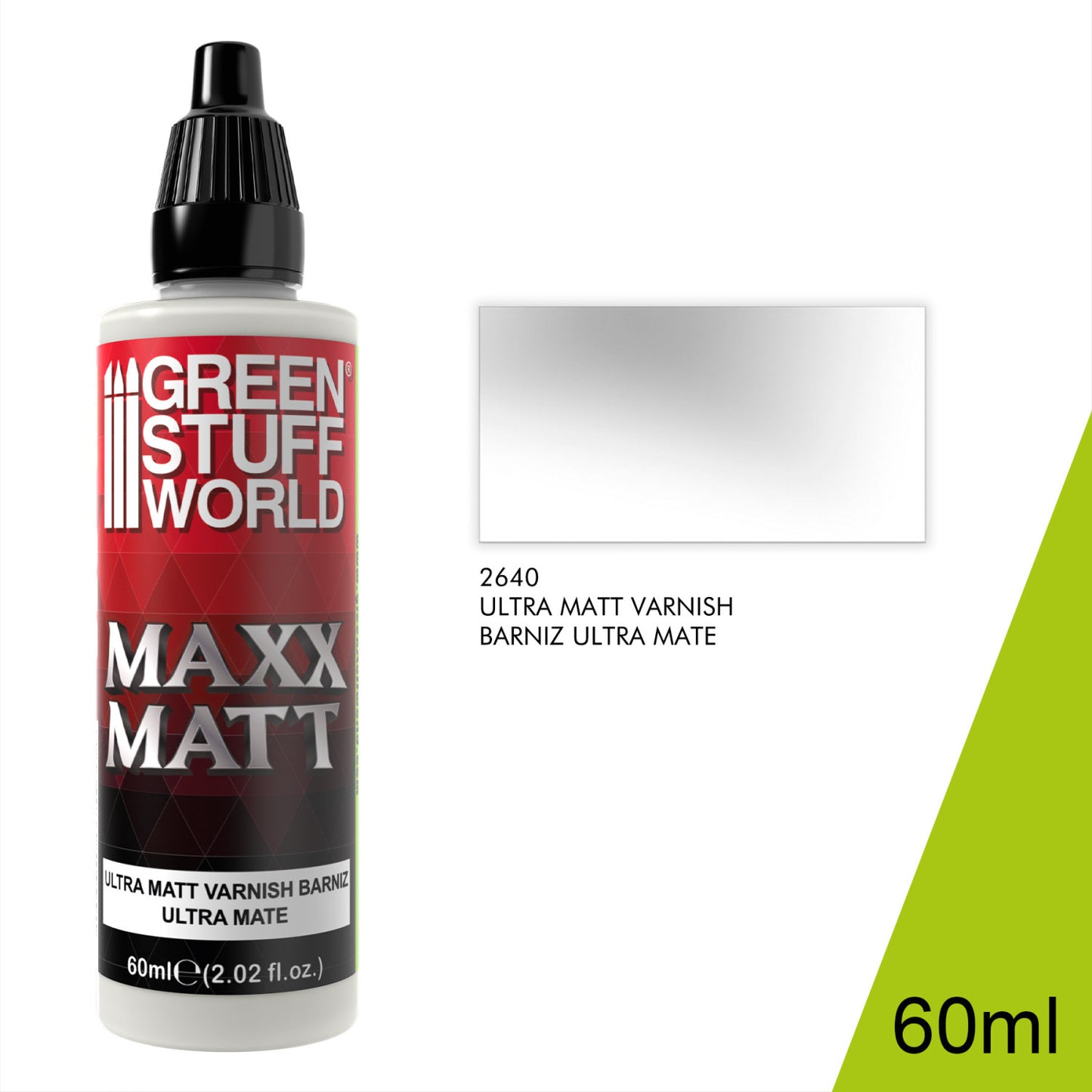 Maxx Matt Varnish 60ml Green Stuff World - butelka lakieru z próbką efektu ultra matowego wykończenia, widok z boku

