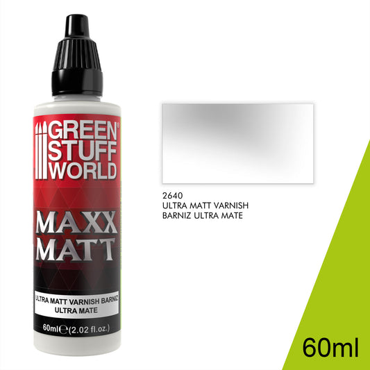 Maxx Matt Varnish 60ml Green Stuff World - butelka lakieru z próbką efektu ultra matowego wykończenia, widok z boku
