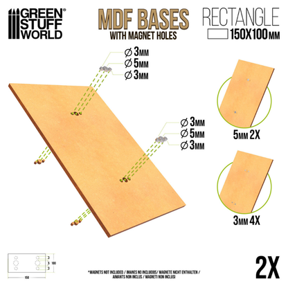 MDF Bases Rectangular 100x150mm – schemat otworów magnetycznych: Ø3mm x4 i Ø5mm x2 na każdej podstawce
