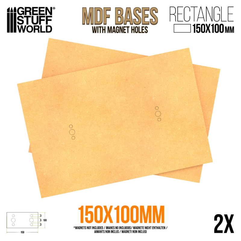 MDF Bases Rectangular 100x150mm Green Stuff World – wymiary 150x100mm, 2 podstawki w zestawie, otwory na magnesy Ø3mm i Ø5mm

