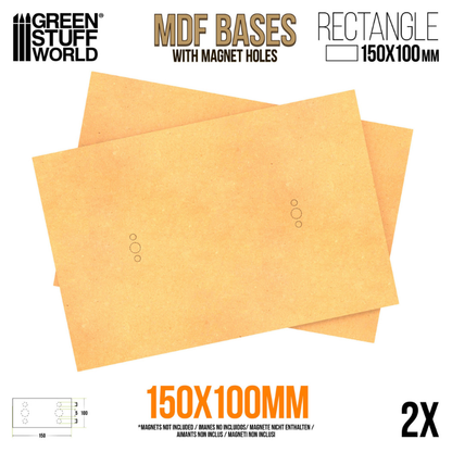 MDF Bases Rectangular 100x150mm Green Stuff World – wymiary 150x100mm, 2 podstawki w zestawie, otwory na magnesy Ø3mm i Ø5mm
