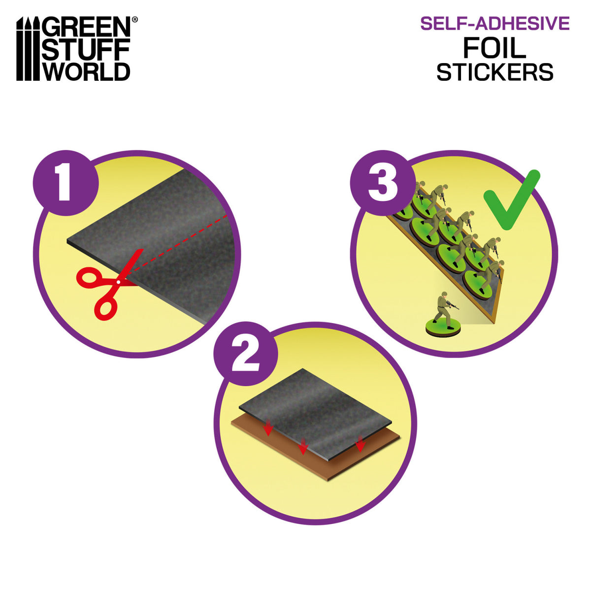 Metal Sheets for Magnets Green Stuff World – instrukcja użycia w 3 krokach: wytnij do rozmiaru, przyklej do tacy, umieść figurki z magnetycznymi podstawkami
