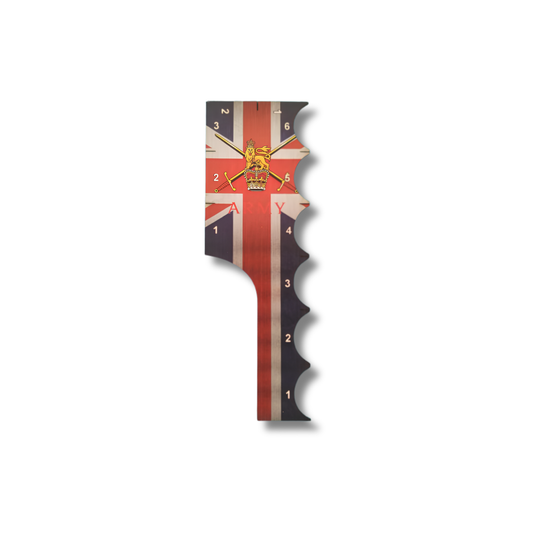 SceneryWargames British Army Tactical Combat Ruler 6" – miarka walki taktycznej z motywem Union Jack i emblematem British Army, widok z przodu, oznaczenia calowe 1"–6", Bolt Action Wargames
