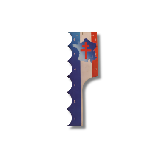 SceneryWargames French Army Tactical Combat Ruler 6" – miarka walki taktycznej z motywem flagi Francji tricolore i emblematem Wolnej Francji, widok z przodu, oznaczenia calowe 1"–6", Bolt Action Wargames
