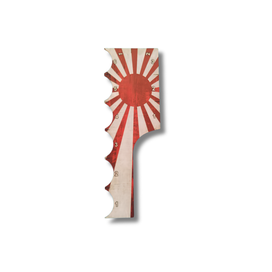 SceneryWargames Imperial Japanese Army Tactical Combat Ruler 6" – miarka taktyczna Imperium Japońskiego, widok z tyłu, zakrzywiona krawędź z nacięciami do sprawdzania spójności oddziału, 28mm
