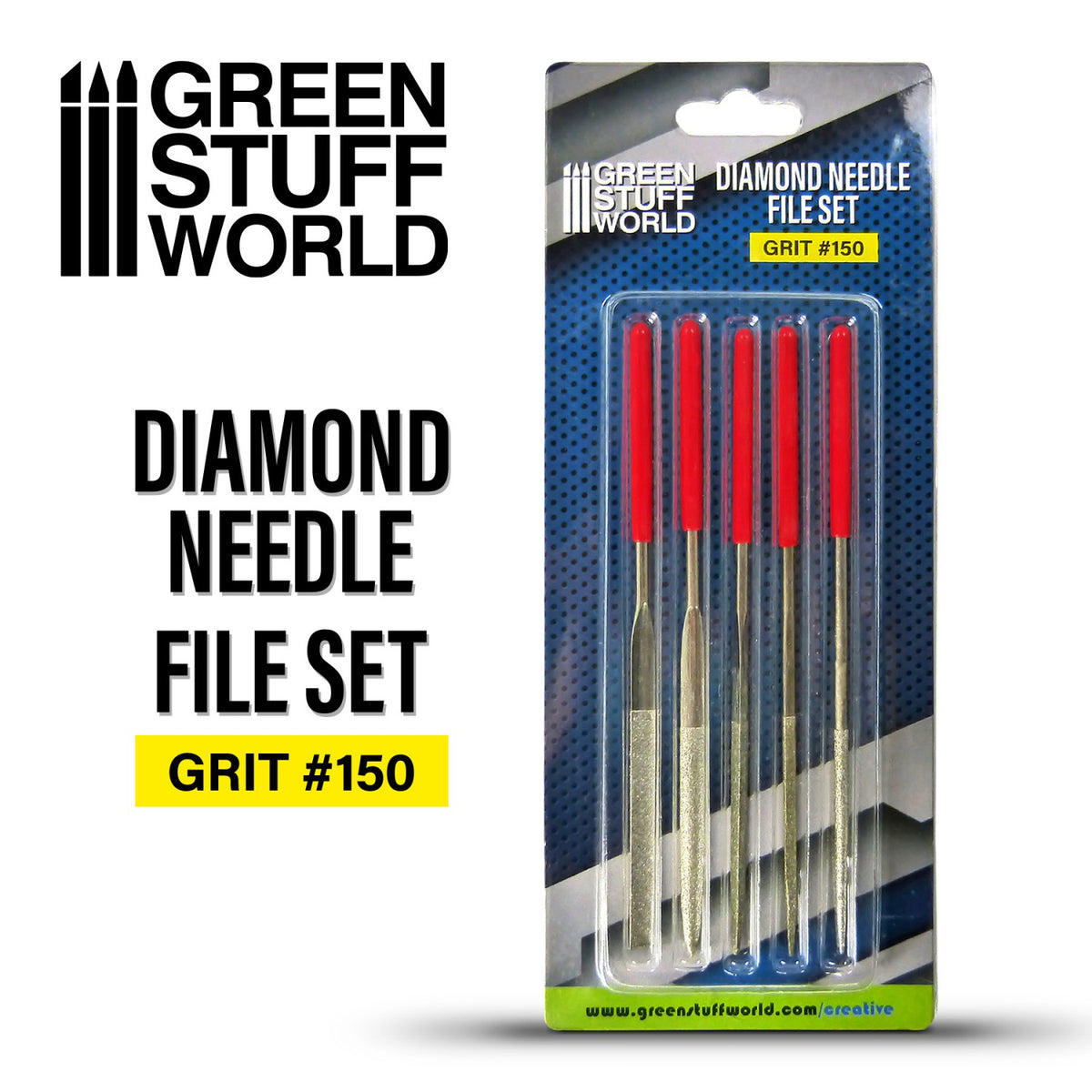 Diamond Needle File Set Grit 150 Green Stuff World – zestaw 5 pilników igłkowych z czerwonymi uchwytami w blistrze na tle logo Green Stuff World, napis "Diamond Needle File Set Grit #150"
