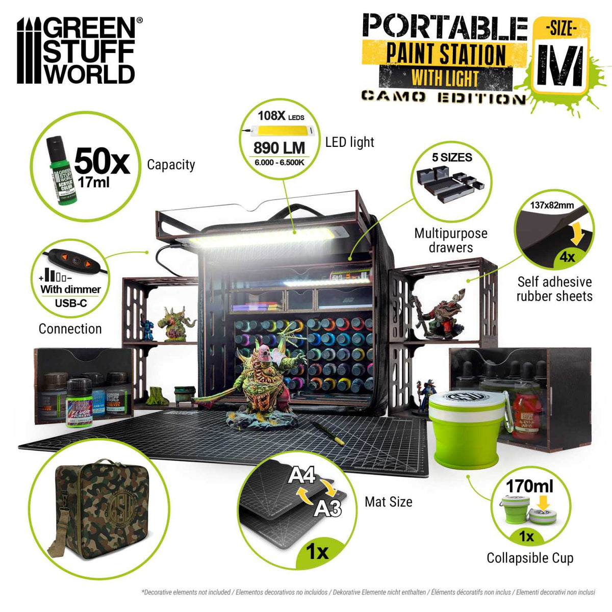 Portable Paint Station Camouflage Green Stuff World – infografika: pojemność 50x17ml, lampa 108 LED 890LM USB-C z dimmerem, mata A3, kubek 170ml, szuflady wielofunkcyjne, 4 gumowe płytki samoprzylepne
