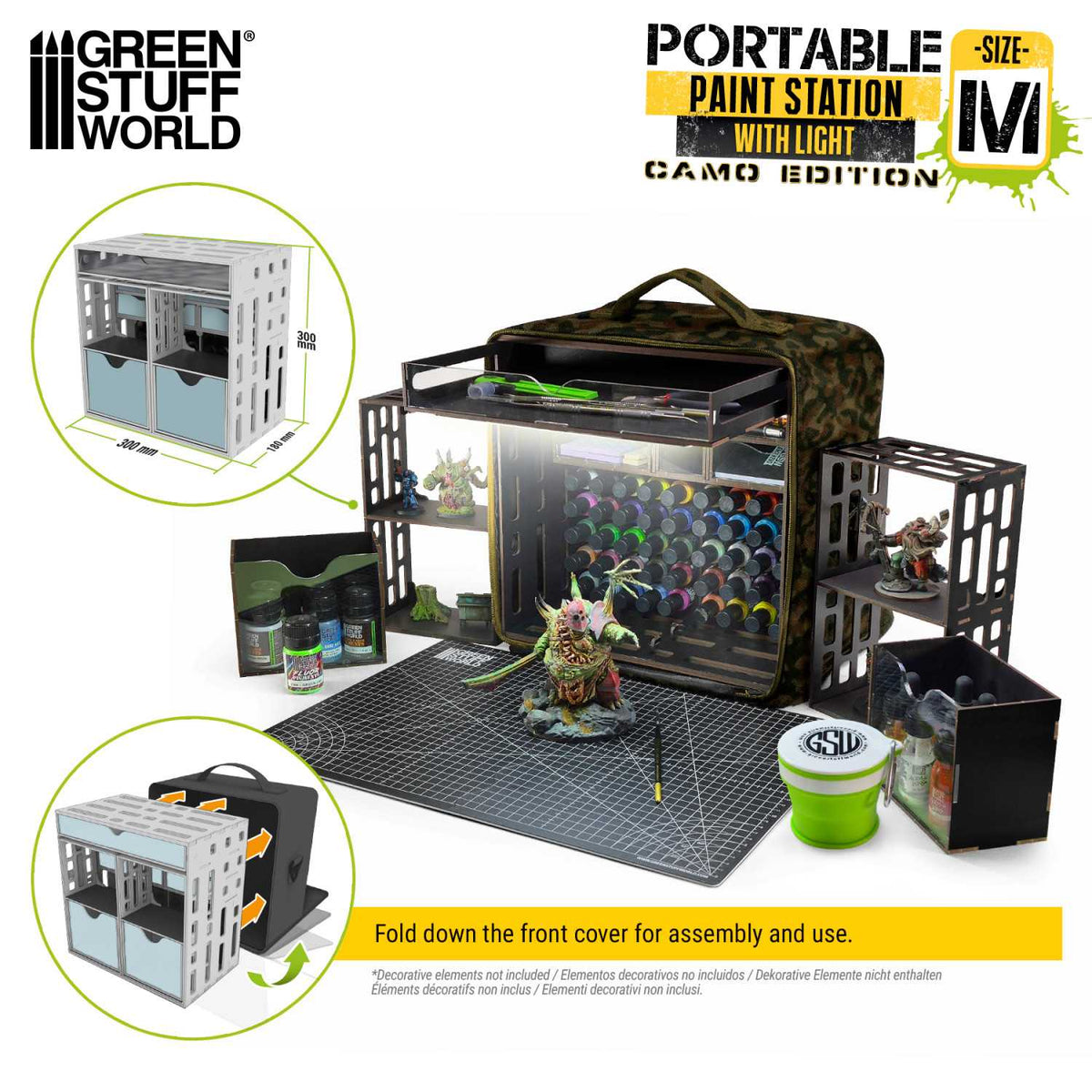 Portable Paint Station Camouflage Green Stuff World – wymiary 300x300x180mm, rozkładanie przez opuszczenie frontu, widok z boku i z przodu
