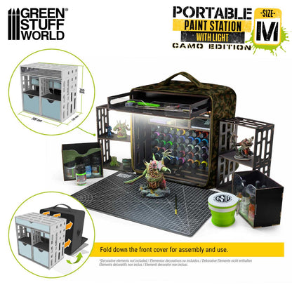 Portable Paint Station Camouflage Green Stuff World – wymiary 300x300x180mm, rozkładanie przez opuszczenie frontu, widok z boku i z przodu
