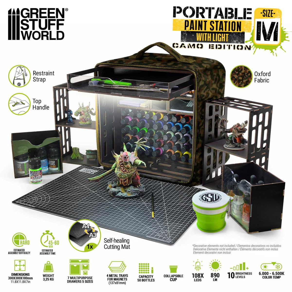 Portable Paint Station Camouflage Green Stuff World – specyfikacja: 7 szuflad, 4 metalowe tace na magnesy 137x81mm, 50 butelek, kubek składany, 108 LED 890Lm, 10 poziomów jasności, 6000-6500K, tkanina Oxford, czas montażu 45-60 min
