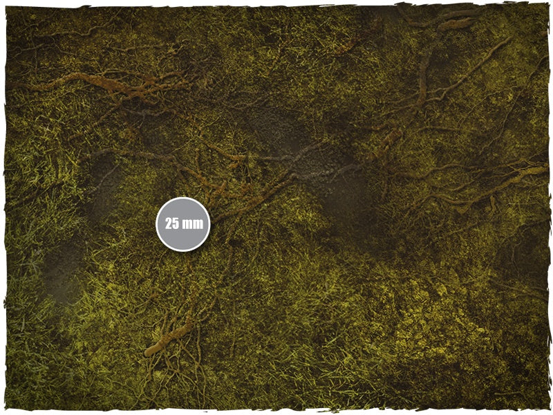 Swamp – Mata do gry Mousepad Deep-Cut Studio – zbliżenie gęstego mchu i wilgotnej ziemi ze skalą 25mm
