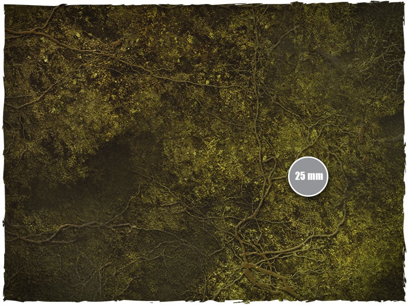 Swamp – Mata do gry Mousepad Deep-Cut Studio – zbliżenie splecionych korzeni i mchu ze skalą 25mm
