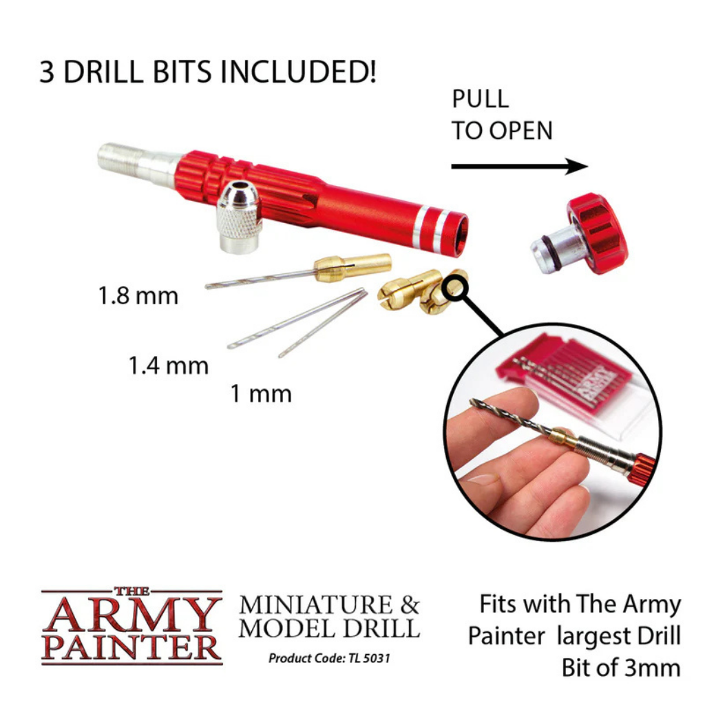 The Army Painter Miniature & Model Drill TL5031P – 3 wiertła w zestawie: 1mm, 1.4mm, 1.8mm, schowek w uchwycie, pull to open