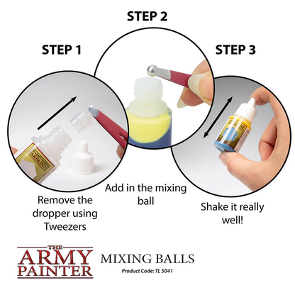 Mixing Balls - The Army Painter - instrukcja użycia 3 kroki wyjmij kroplomierz włóż kulkę potrząśnij