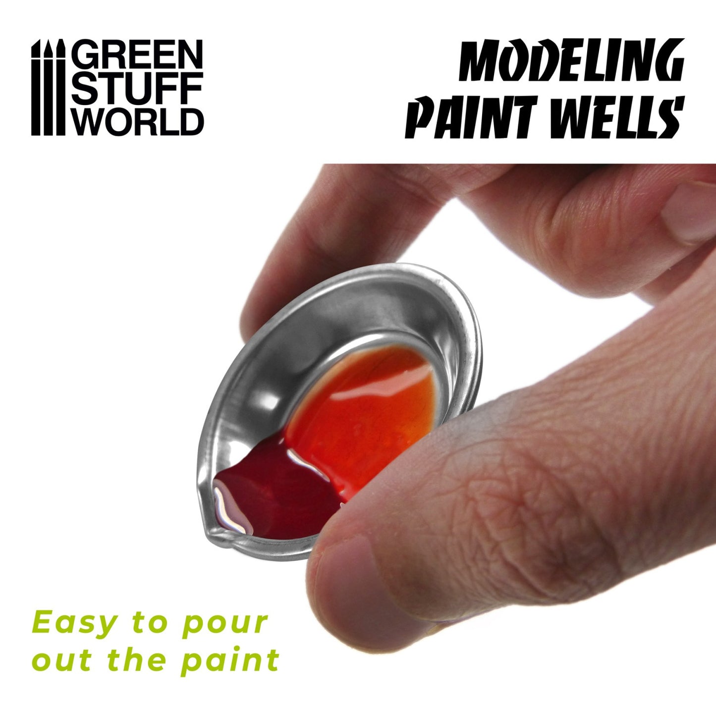 Green Stuff World Modelling Paint Wells x6 10361 – dłoń trzymająca aluminiową miseczkę z czerwoną farbą akrylową gotową do wylania, napis Easy to pour out the paint, Green Stuff World
