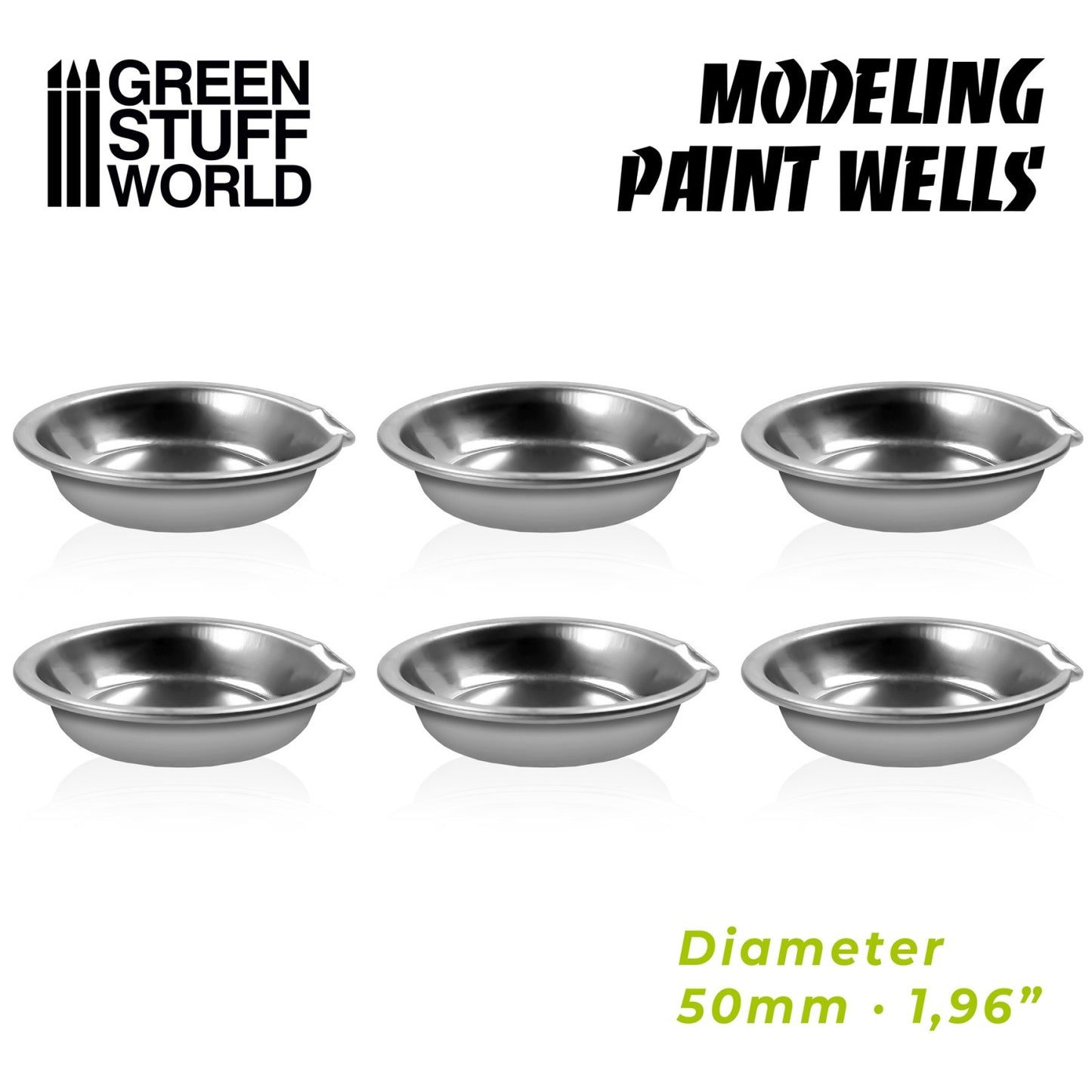 Green Stuff World Modelling Paint Wells x6 10361 – 6 aluminiowych miseczek do farb 50mm ułożonych w dwa rzędy po 3, średnica 50mm / 1,96 cala, Green Stuff World
