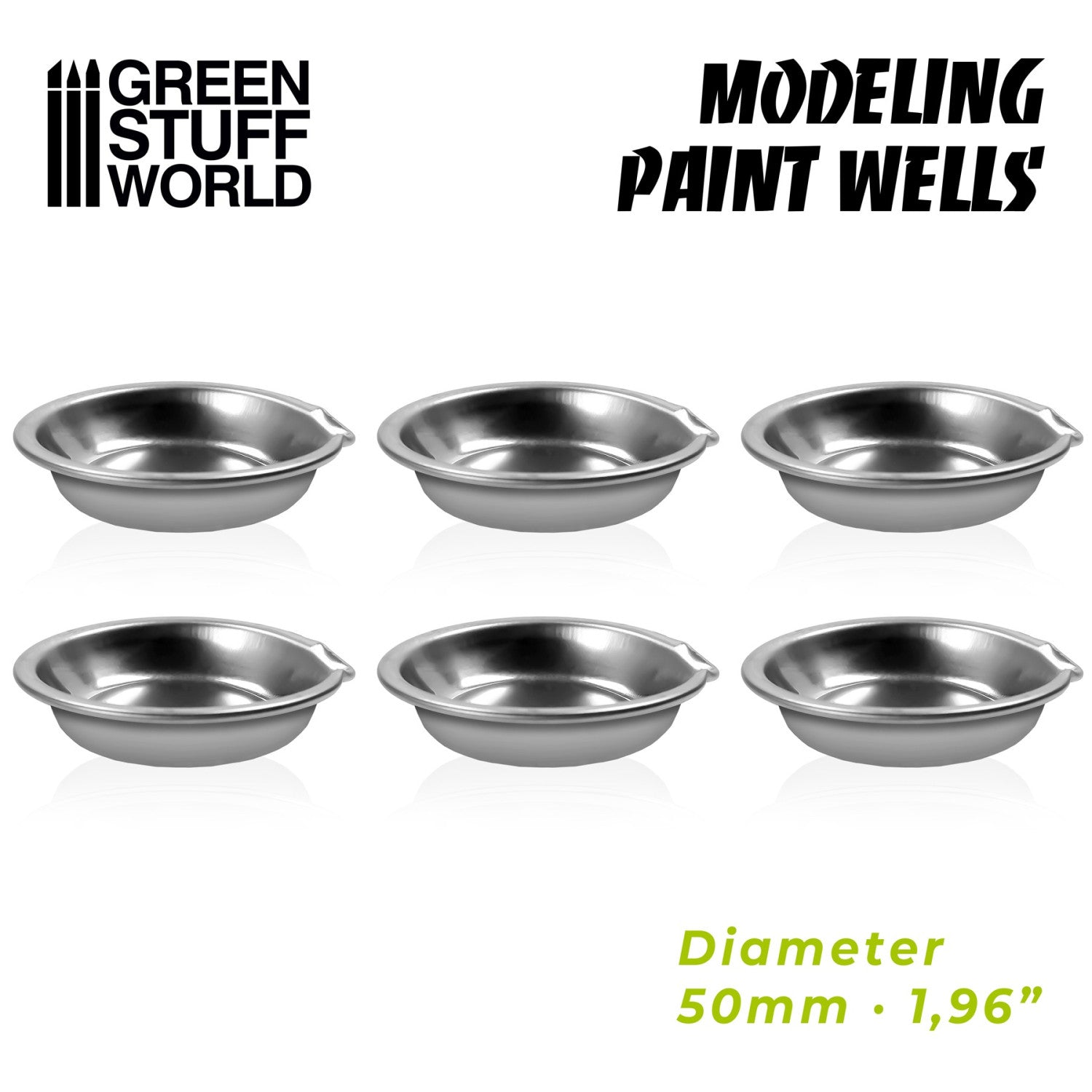 Green Stuff World Modelling Paint Wells x6 10361 – 6 aluminiowych miseczek do farb 50mm ułożonych w dwa rzędy po 3, średnica 50mm / 1,96 cala, Green Stuff World
