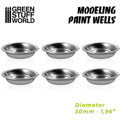 Green Stuff World Modelling Paint Wells x6 10361 – 6 aluminiowych miseczek do farb 50mm ułożonych w dwa rzędy po 3, średnica 50mm / 1,96 cala, Green Stuff World
