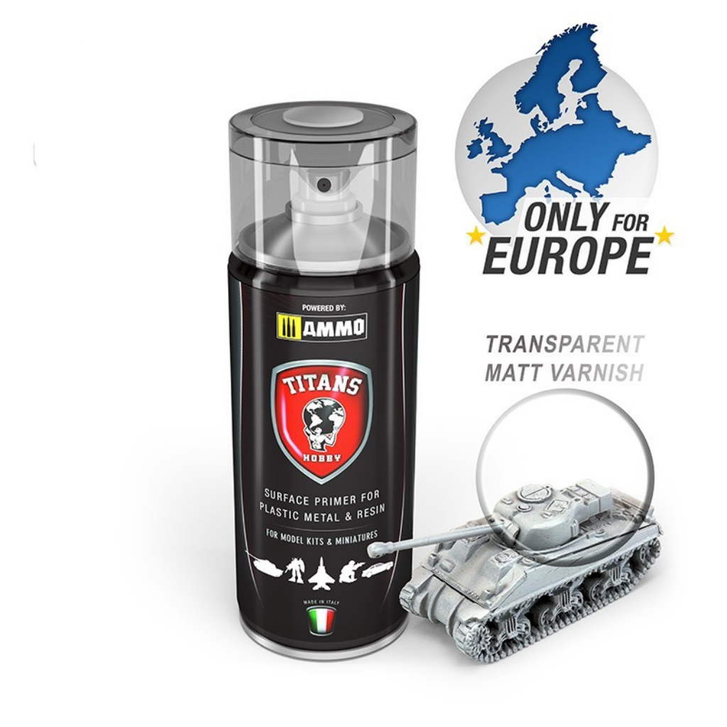 Titans Hobby TTH110 Matt Transparent Varnish – puszka aerozolu 400ml matowego lakieru ochronnego, powered by AMMO, Only for Europe, z modelem czołgu Sherman
