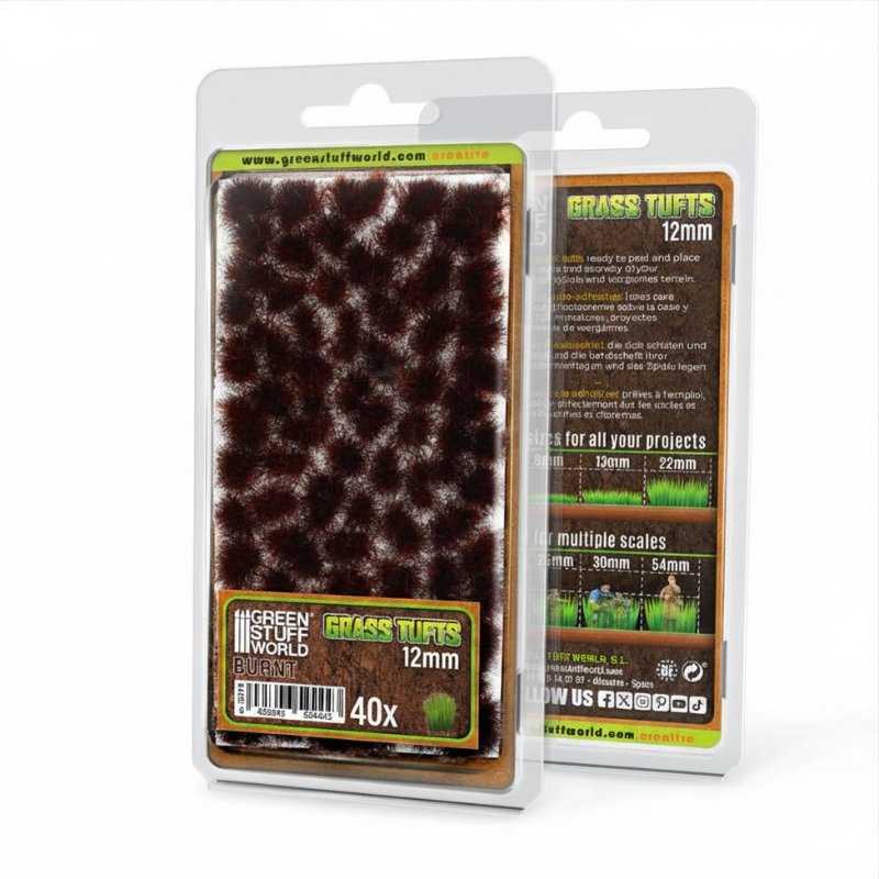 Grass Tufts 12mm Burnt Green Stuff World - opakowanie blister ok. 40 sztuk, widok z przodu i tyłu z opisem rozmiarów 6mm 12mm 22mm i skal 25mm 30mm 54mm

