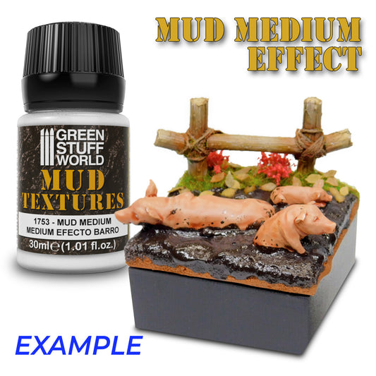 Green Stuff World Mud Medium 1753 – przykład zastosowania: realistyczna diorama z błotnistym terenem i figurkami świń w błocie, efekt Mud Medium Effect
