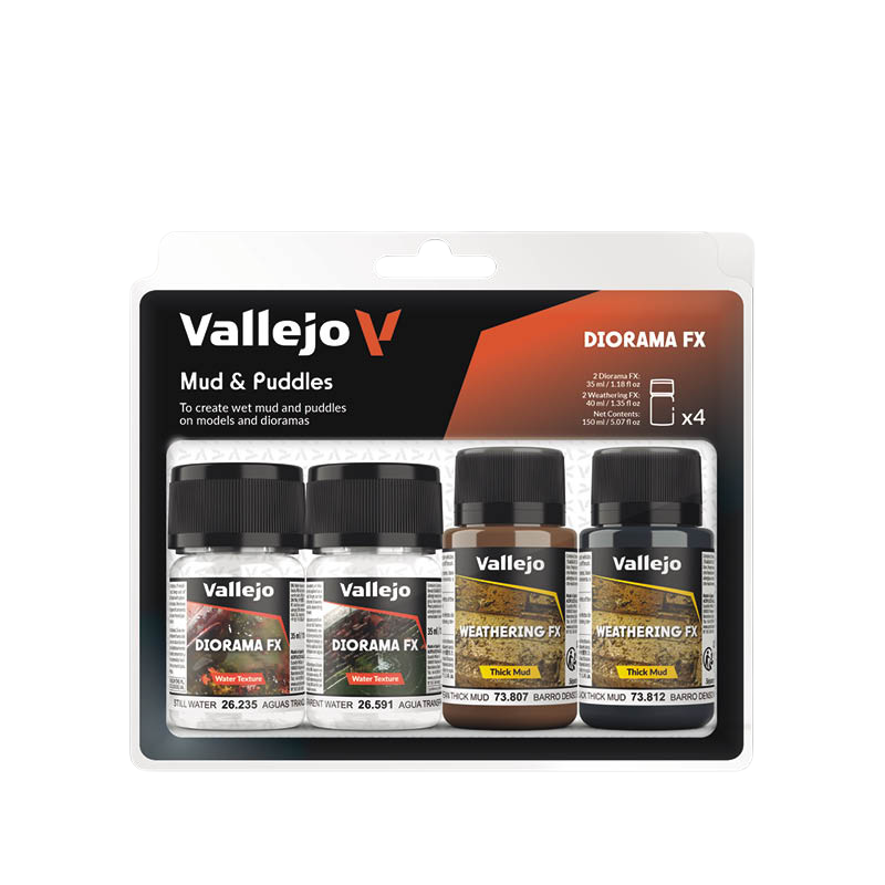 Diorama FX Sets Mud & Puddles Vallejo 73.189 – zestaw 4 produktów do efektów mokrego błota i kałuż na modelach i dioramach
