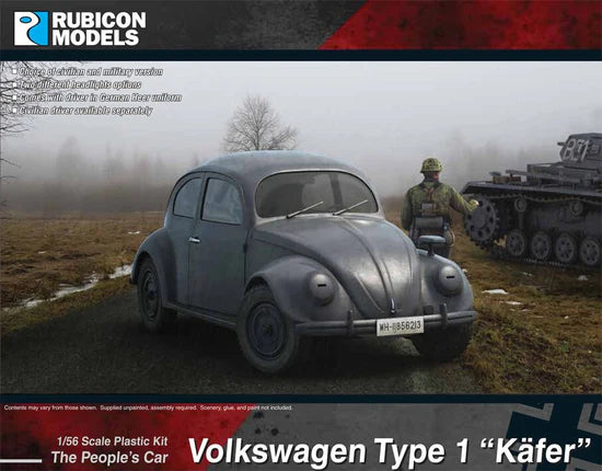 Volkswagen Type 1 Käfer Rubicon Models – okładka pudełka, model szary z żołnierzem i Panzerem III, 280081