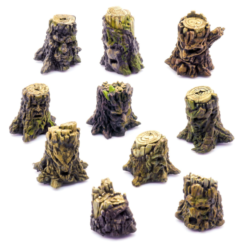 Small Haunted Tree Stumps Green Stuff World 1686 – 10 ręcznie pomalowanych nawiedzonych pni żywicznych z twarzami, widok z góry, skala 1/48, seria Resin Bits Plants & Vegetation
