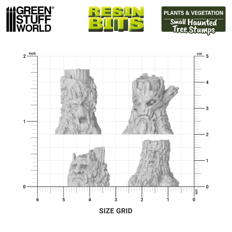 Small Haunted Tree Stumps Green Stuff World 1686 – siatka rozmiarów 4 nawiedzonych pni żywicznych: wysokość 10–20mm, szerokość 12mm, skala 1/48, seria Resin Bits
