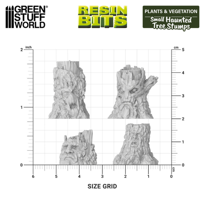 Small Haunted Tree Stumps Green Stuff World 1686 – siatka rozmiarów 4 nawiedzonych pni żywicznych: wysokość 10–20mm, szerokość 12mm, skala 1/48, seria Resin Bits
