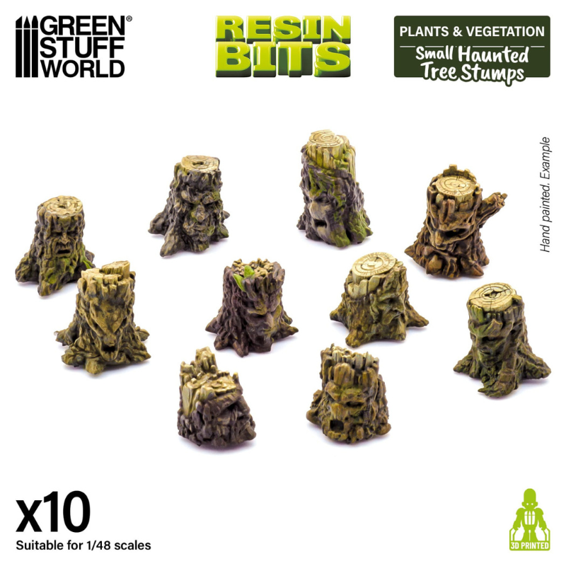 Small Haunted Tree Stumps Green Stuff World 1686 – 10 ręcznie pomalowanych pni żywicznych w kolorach brązu i zieleni, przykład malowania, skala 1/48
