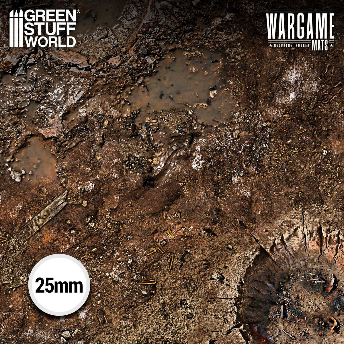 Neoprene Mat Dread Trenches Green Stuff World – zbliżenie na nadruk maty: błotniste okopy z łuskami, kałużami i gruzem, skala 25mm, logo Wargame Mats Neoprene Rubber
