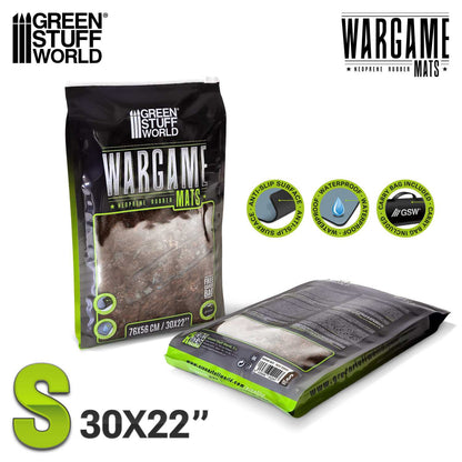 Neoprene Mat Dread Trenches Green Stuff World – opakowanie maty Wargame Mats rozmiar S 76x56cm (30x22"), cechy: Anti-Slip Surface, Waterproof, Carry Bag Included, widok przód i tył
