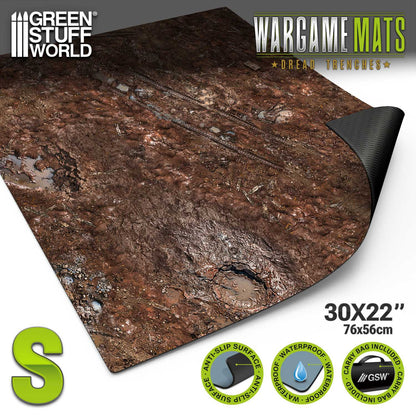 Neoprene Mat Dread Trenches Green Stuff World – rozwinięta mata neoprenowa 30x22" (76x56cm) z nadrukiem okopów, rozmiar S, cechy: Anti-Slip Surface, Waterproof, Carry Bag Included
