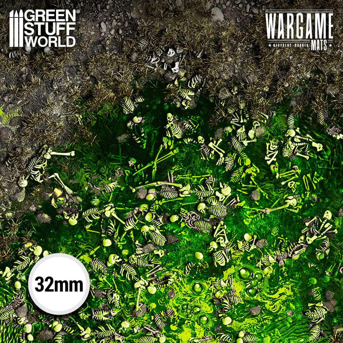Neoprene Mat Boneblight Marsh Green Stuff World – zbliżenie na nadruk maty: toksyczne bagno z dziesiątkami szkieletów i kości w skali 32mm, logo Wargame Mats Neoprene Rubber
