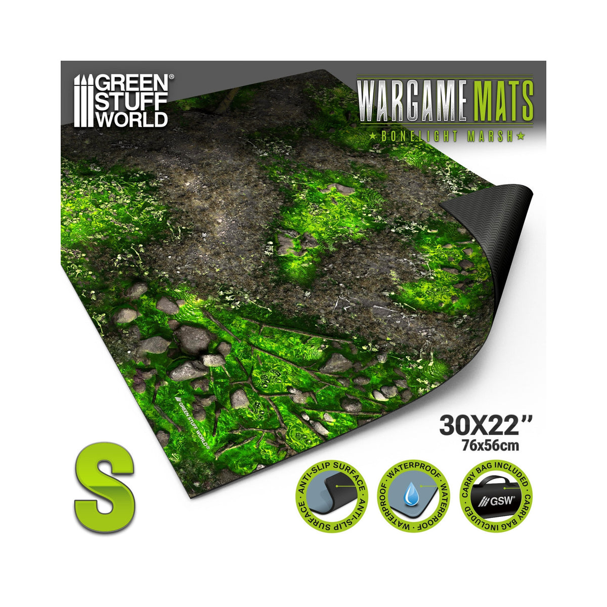 Neoprene Mat Boneblight Marsh Green Stuff World – rozwinięta mata neoprenowa Boneblight Marsh 30x22" (76x56cm) rozmiar S, cechy: Anti-Slip Surface, Waterproof, Carry Bag Included
