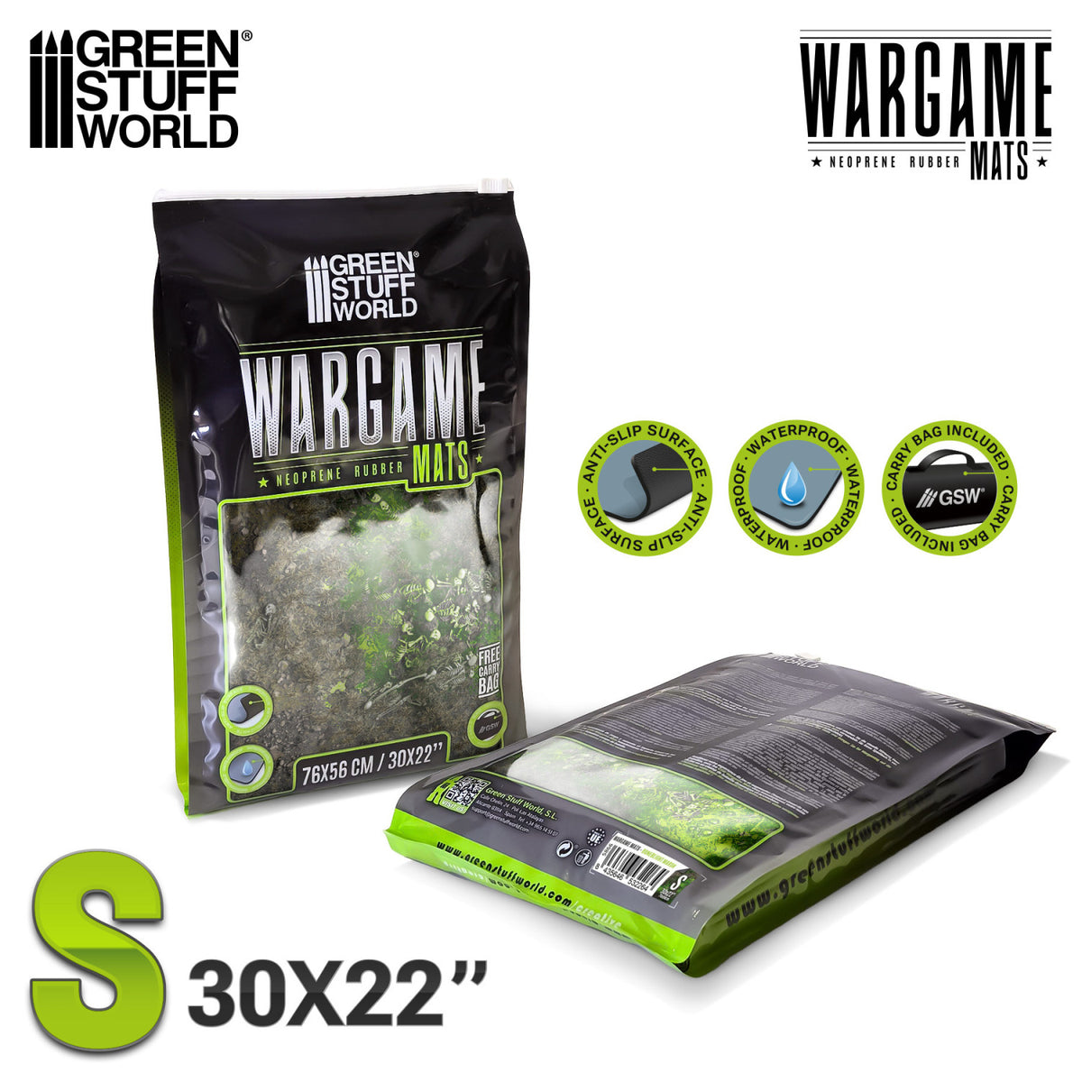 Neoprene Mat Boneblight Marsh Green Stuff World – opakowanie maty Wargame Mats Neoprene Rubber rozmiar S 76x56cm (30x22"), widok przód i tył, cechy: Anti-Slip Surface, Waterproof, Carry Bag Included
