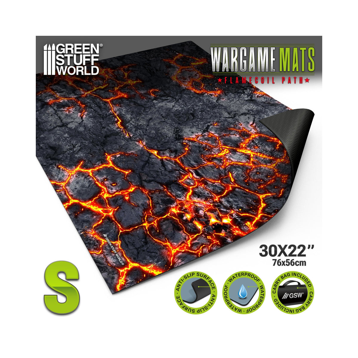 Neoprene Mat Flamecoil Path Green Stuff World – rozwinięta mata neoprenowa 30x22" (76x56cm) z nadrukiem lawy, rozmiar S, cechy: Anti-Slip Surface, Waterproof, Carry Bag Included
