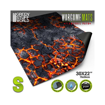 Neoprene Mat Flamecoil Path Green Stuff World – rozwinięta mata neoprenowa 30x22" (76x56cm) z nadrukiem lawy, rozmiar S, cechy: Anti-Slip Surface, Waterproof, Carry Bag Included
