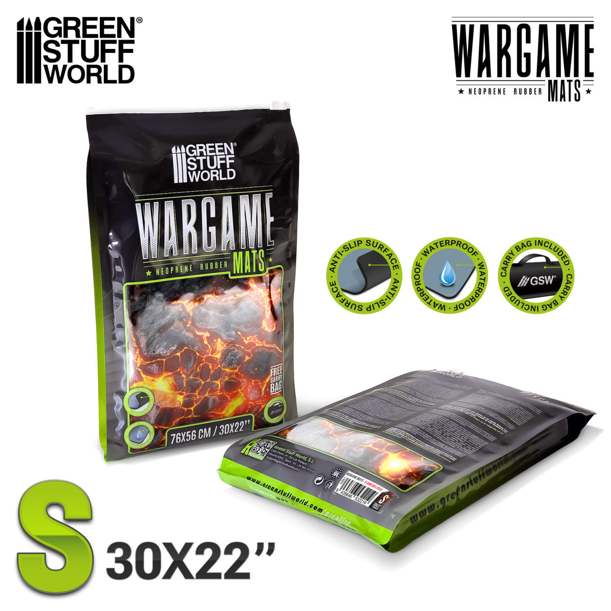 Neoprene Mat Flamecoil Path Green Stuff World – opakowanie maty Wargame Mats Neoprene Rubber rozmiar S 76x56cm (30x22"), widok przód i tył, cechy: Anti-Slip Surface, Waterproof, Carry Bag Included

