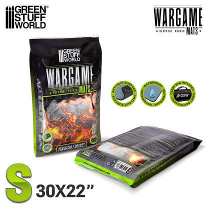 Neoprene Mat Flamecoil Path Green Stuff World – opakowanie maty Wargame Mats Neoprene Rubber rozmiar S 76x56cm (30x22"), widok przód i tył, cechy: Anti-Slip Surface, Waterproof, Carry Bag Included
