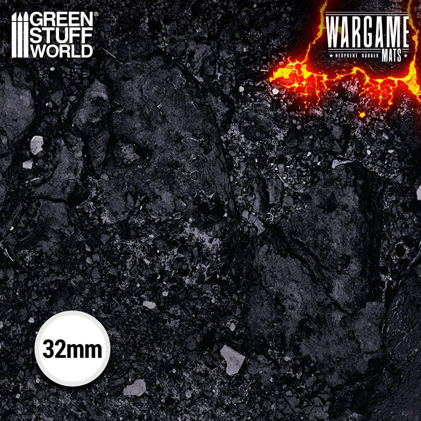 Neoprene Mat 4x6' Flamecoil Path – zbliżenie na wzór maty, pęknięta wypalona ziemia z popiołem i żarem, 2mm neopren
