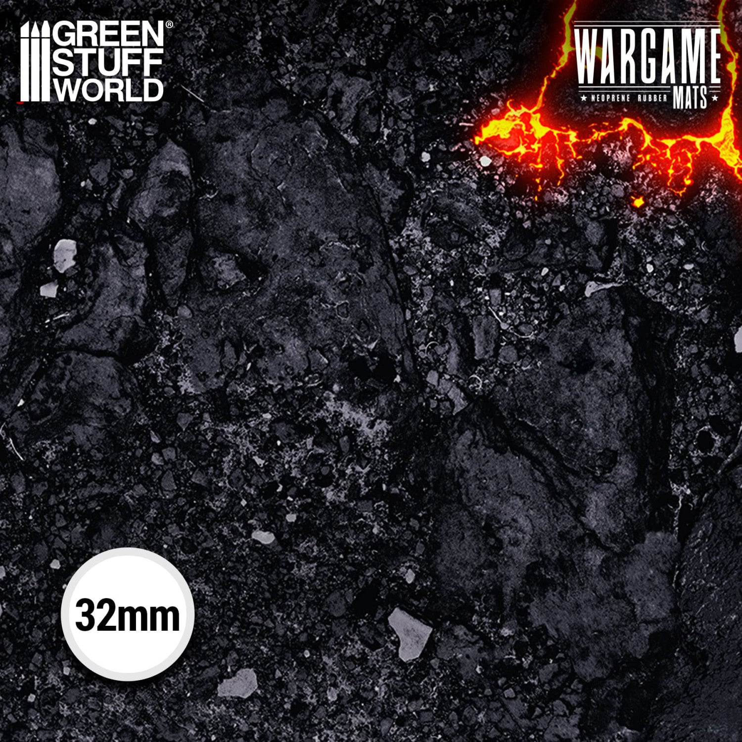 Neoprene Mat 4x6' Flamecoil Path – zbliżenie na wzór maty, pęknięta wypalona ziemia z popiołem i żarem, 2mm neopren
