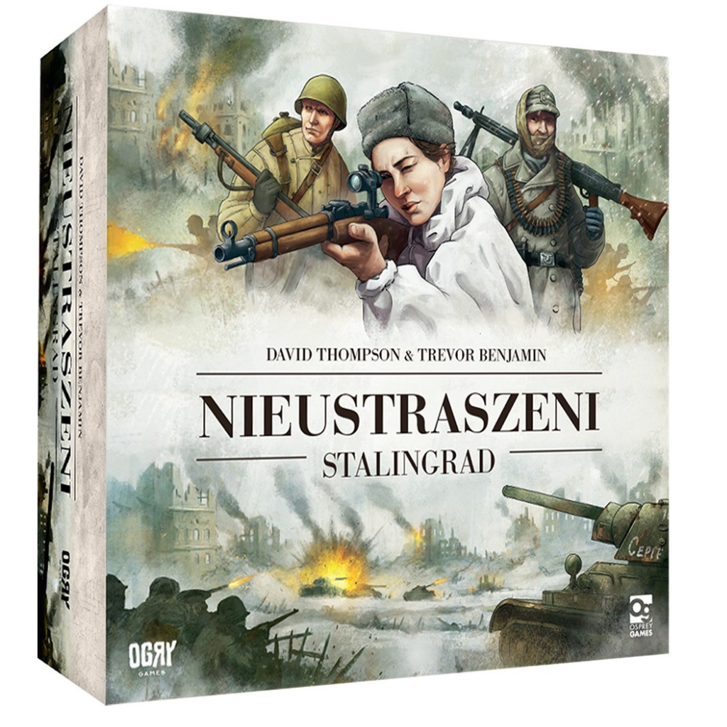 Nieustraszeni: Stalingrad – pudełko gry planszowej, ilustracja żołnierzy radzieckich i niemieckich na tle płonącego Stalingradu