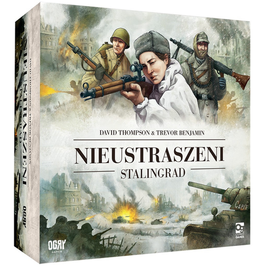 Nieustraszeni: Stalingrad – pudełko gry planszowej, ilustracja żołnierzy radzieckich i niemieckich na tle płonącego Stalingradu