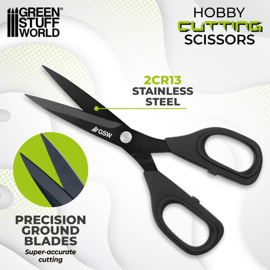 Black Hobby Cutting Scissors 17cm - infografika: 2CR13 Stainless Steel, Precision Ground Blades, super-accurate cutting | Green Stuff World
