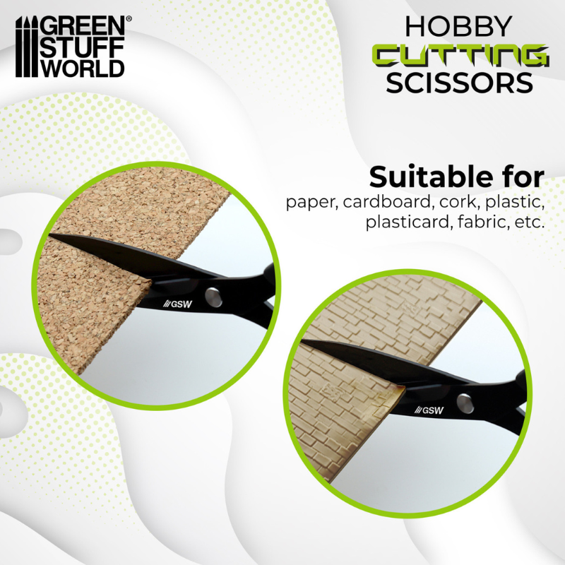 Black Hobby Cutting Scissors 17cm - infografika: Suitable for paper, cardboard, cork, plastic, plasticard, fabric, nożyczki tnące korek i teksturę | Green Stuff World
