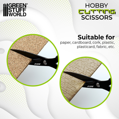 Black Hobby Cutting Scissors 17cm - infografika: Suitable for paper, cardboard, cork, plastic, plasticard, fabric, nożyczki tnące korek i teksturę | Green Stuff World

